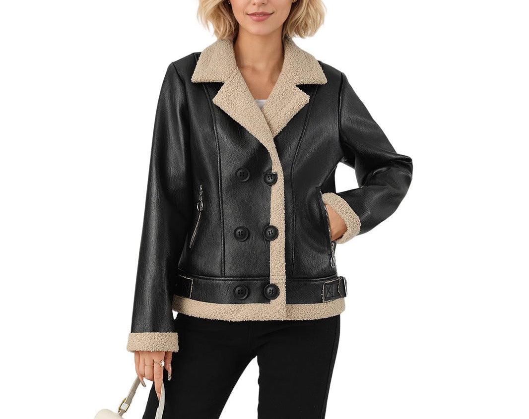 Fleece Padded Women's Leather Coat