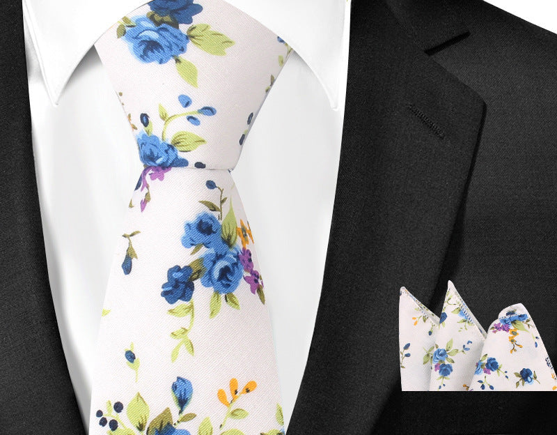 Casual Cotton Floral Print 6cm Casual Tie Pocket Square Suit