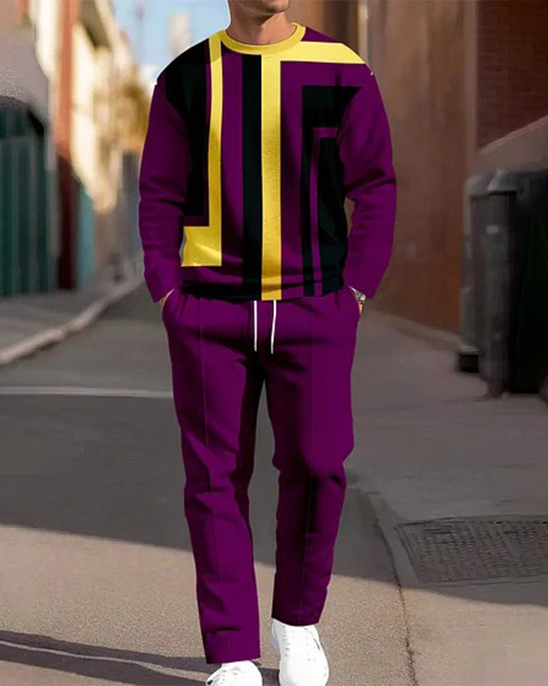 Men's Casual Sporty Round Neck Sweatshirt And Pants Two-piece Set