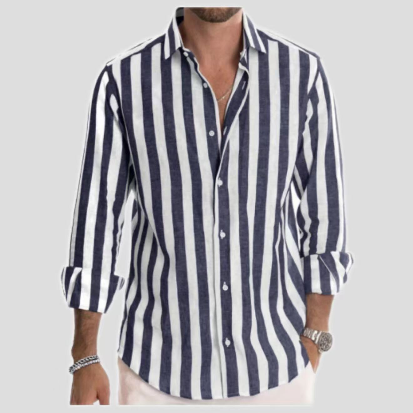 Mens Stylish Long-sleeve Striped Button-down Shirt