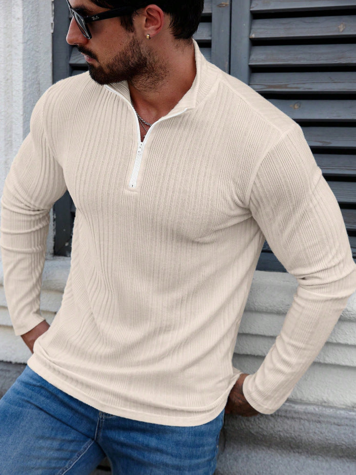 Casual Stand-up Collar Pullover Slim-fit Solid-color Ribbed Long-sleeve Hoodie