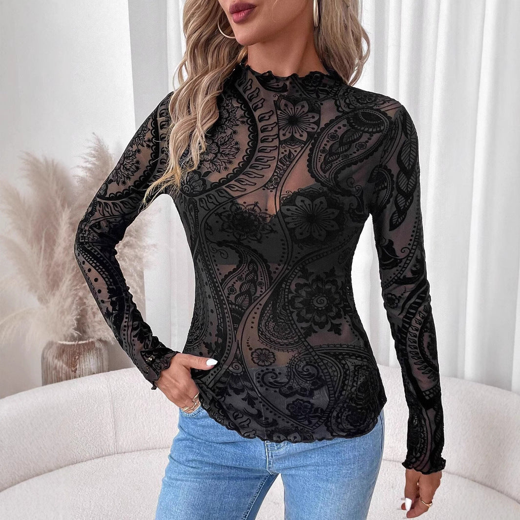 Women Paisley Flocked Printed Mesh Fungus Long Sleeve T-shirt