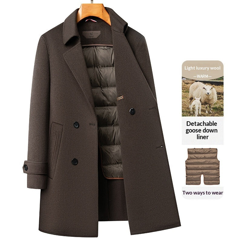 Arrival Long Double-Faced Wool Coat With Detachable Goose Down Lining And Double-Breasted Design