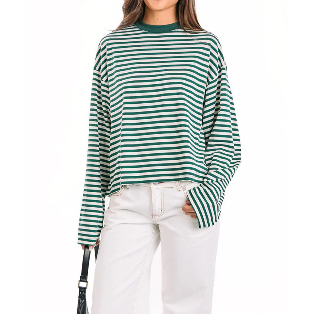 Round-neck Cotton Long-sleeve Striped T-shirt