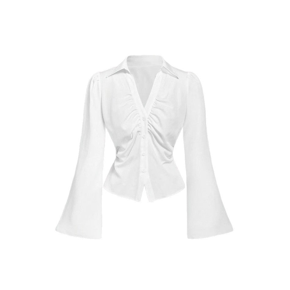 New Pleated Slim Fit Trendy Slimming Shirt Ruffled Flared Sleeve Shirt