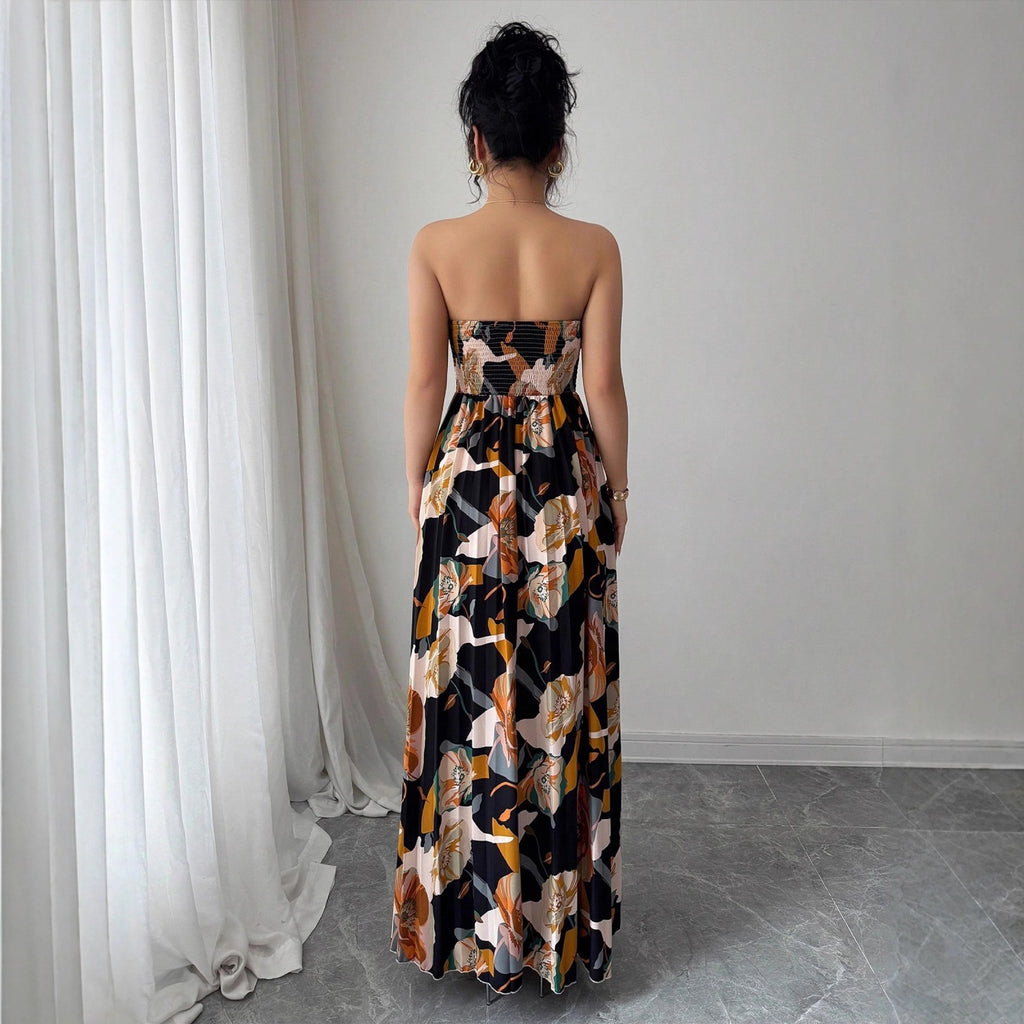 Women's Printed Pleated Sleeveless Tube Maxi Dress