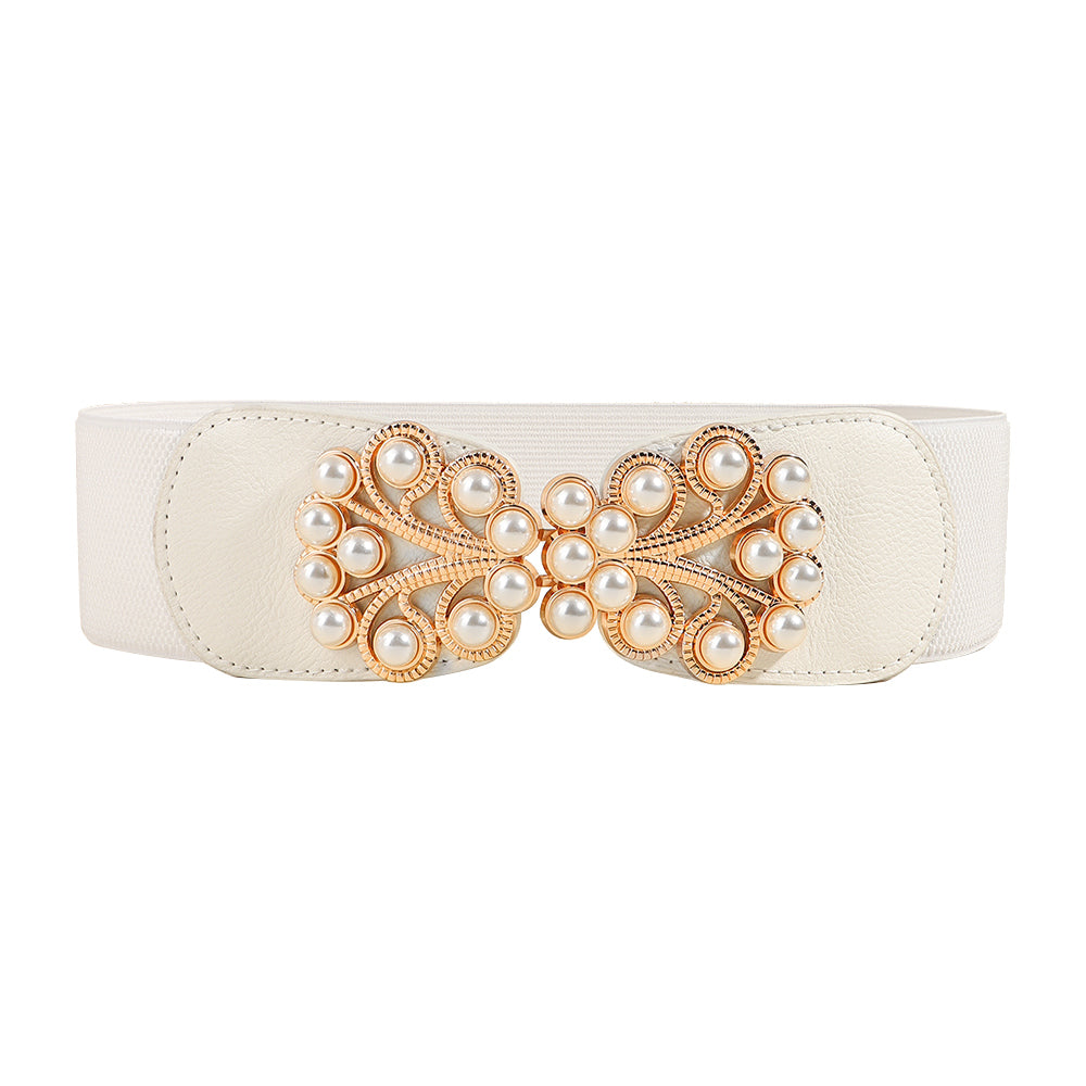 Elastic Wide  Pearl Metal Buckle Belt