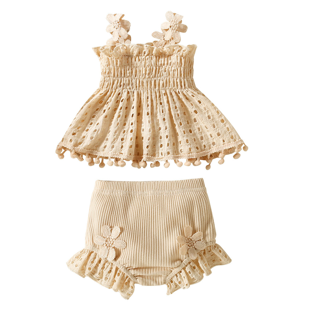 Cotton Mesh High Temperature Dyed Apricot Lace Hanging Doll Shirt Ten Shorts Baby Girl Infant Fashion Two-piece Suit