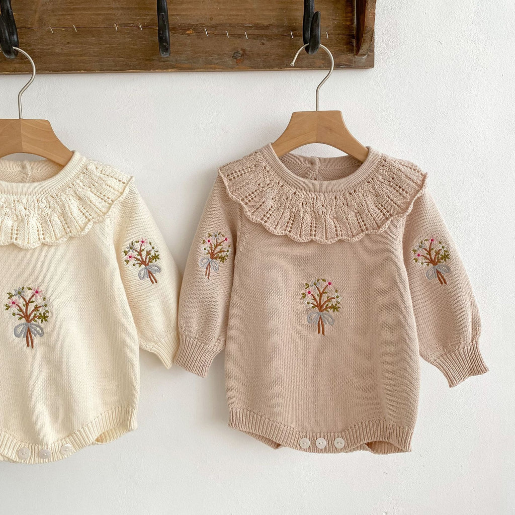 Baby Knitted Lotus Collar Long-sleeve Jumpsuit Baby Girl