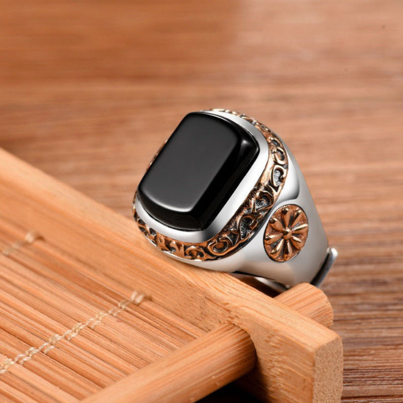 New 925 Silver Vintage Black Agate Ring