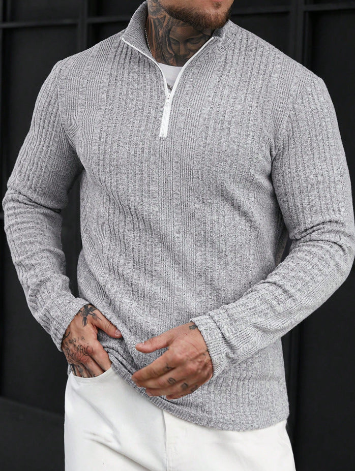 Casual Stand-up Collar Pullover Slim-fit Solid-color Ribbed Long-sleeve Hoodie