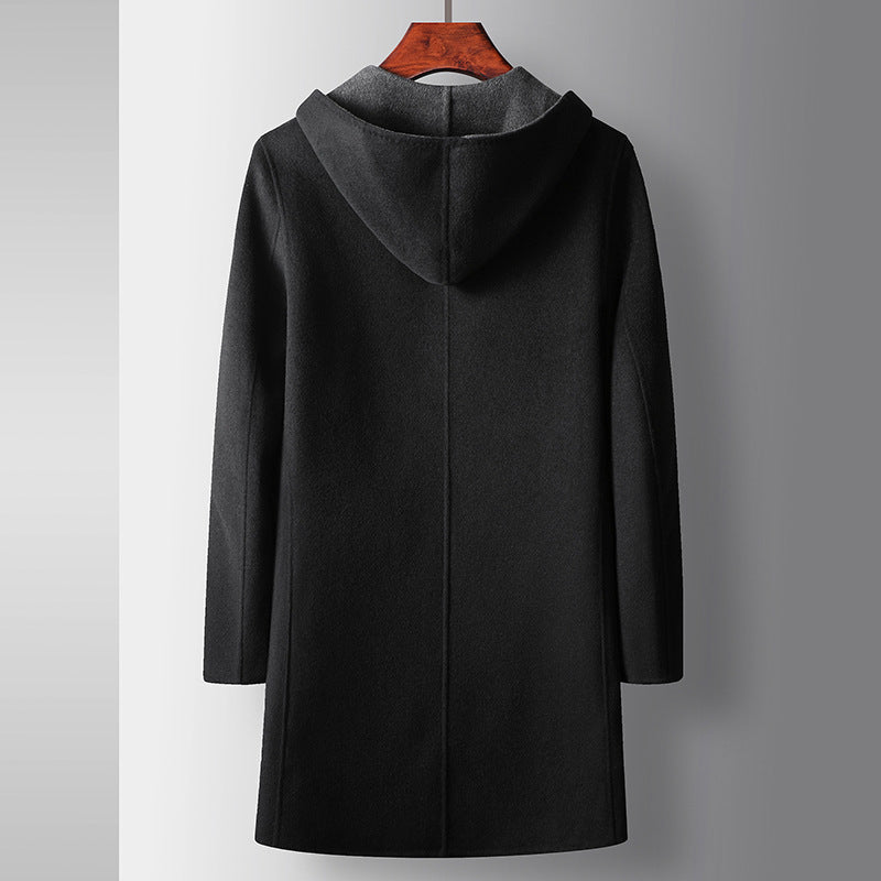 Mens Mid-Length Wool Coat With A Hood Reversible Style