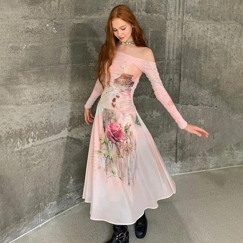 One-shoulder Long-sleeved Printed Maxi Dress