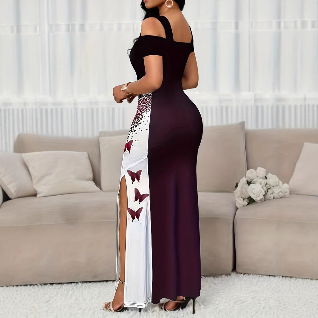 Women's Fashion Color-Block Butterfly Print Off-the-Shoulder Slit Maxi Dress