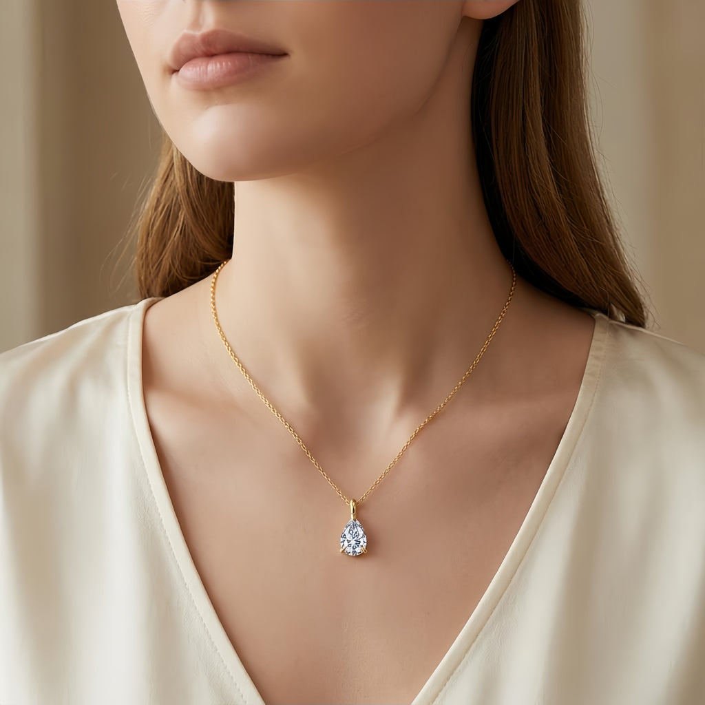 925 Sterling Silver Elegant Pear-Shaped CZ Solitaire Necklace on Gold Chain
