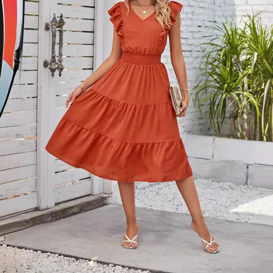 Sleeveless V-Neck Dress Summer Fashion Elastic Waist A-Line Dress