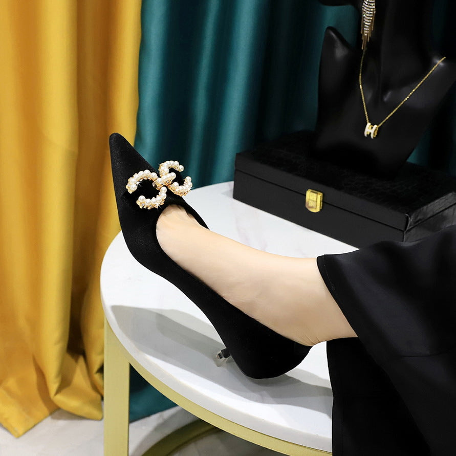 Women’s Suede Mid Heel Banquet Shoes – Thick Heel Elegant Pumps