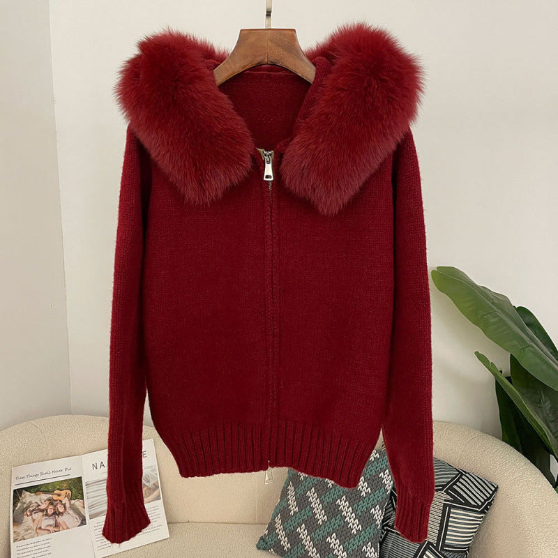 Zipper Real Fox Fur Collar Hooded coat