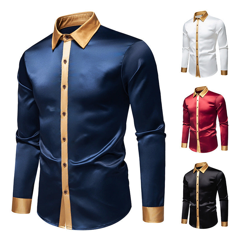 Mens Fashionable Satin-Soft Colorblock Long-Sleeve Shirt