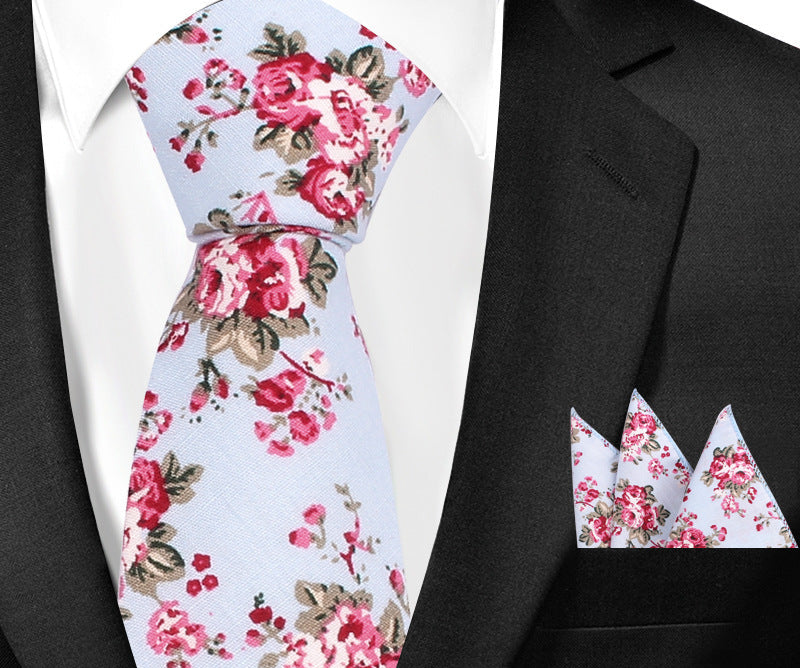 Casual Cotton Floral Print 6cm Casual Tie Pocket Square Suit