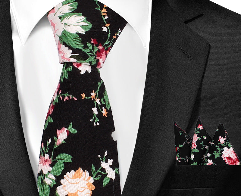 Casual Cotton Floral Print 6cm Casual Tie Pocket Square Suit