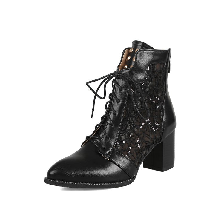 Lace Hollow-out Spliced Heel  Ankle Boots