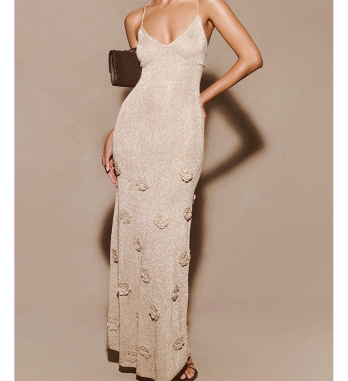 New Suspender Sleeveless Dress Three-dimensional Flower Heavy Industry Knitted Backless Tie