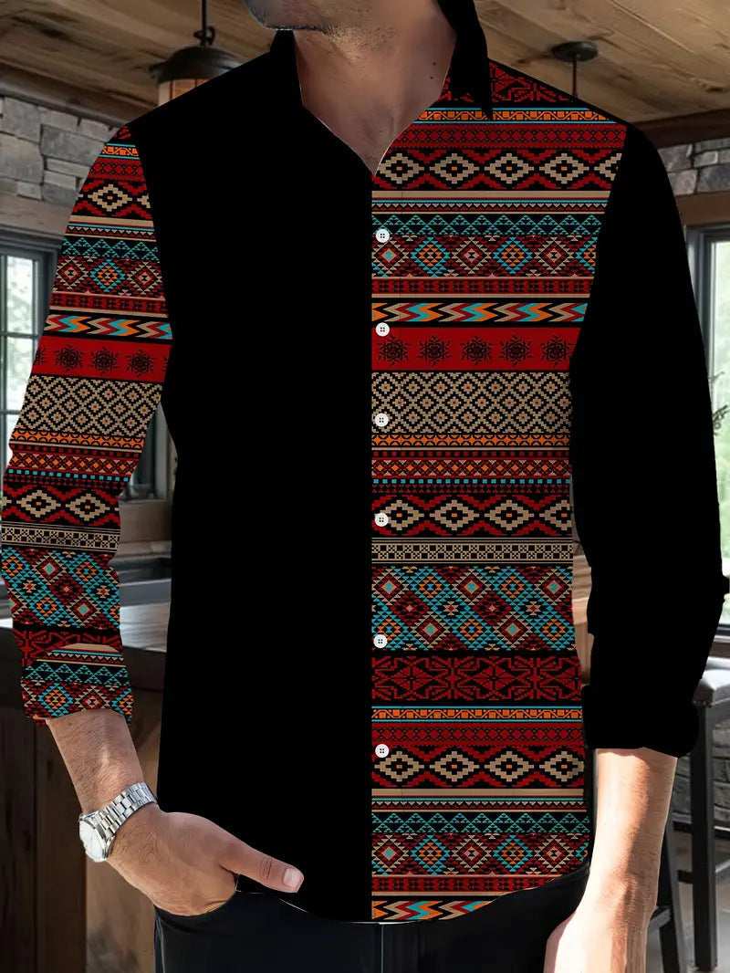 Mens Long-sleeve Striped Printed Shirt