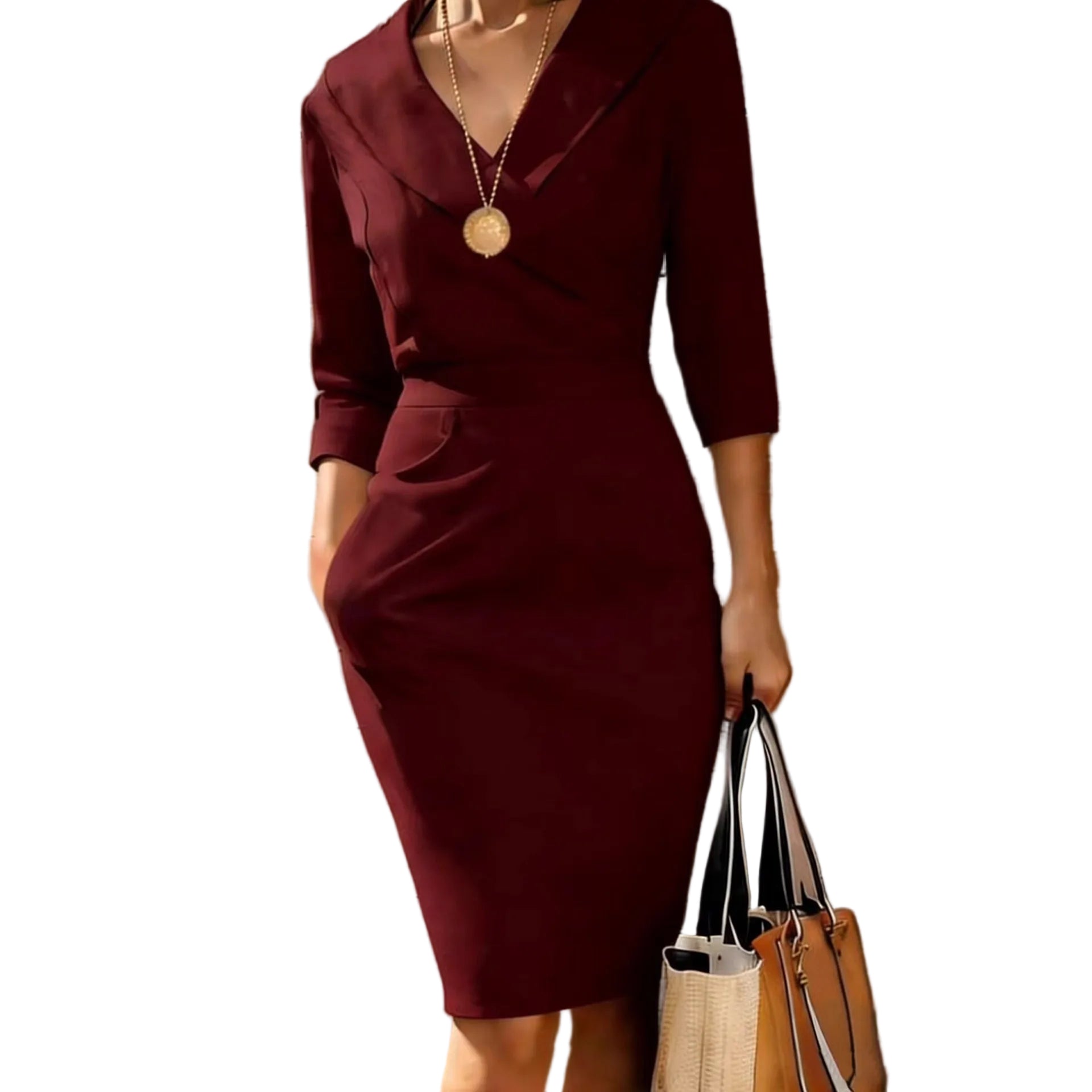 V-neck Solid-Color Waist-Cinching Dress