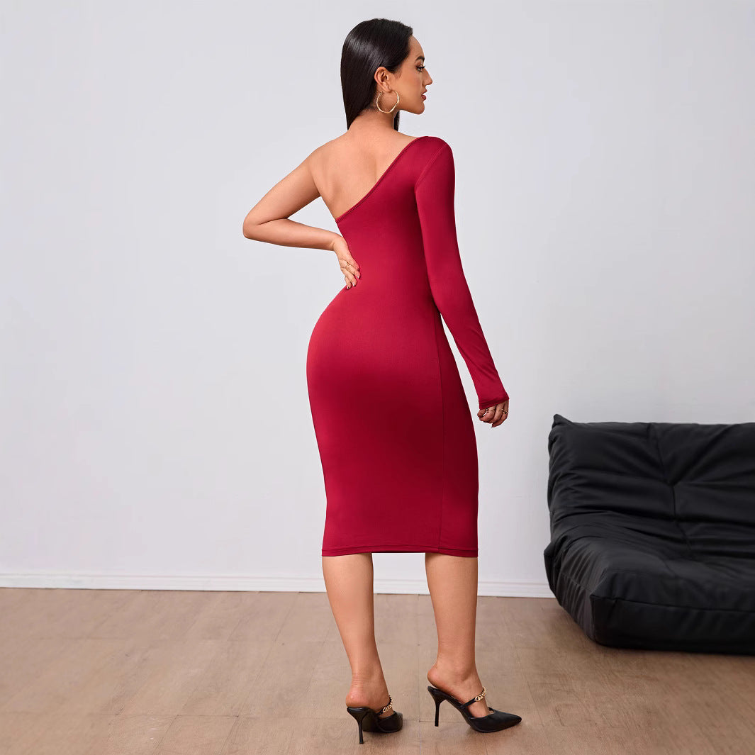 Women's Wine Red Socialite Style Dress New Autumnwinter Single-sleeve Midi Dress