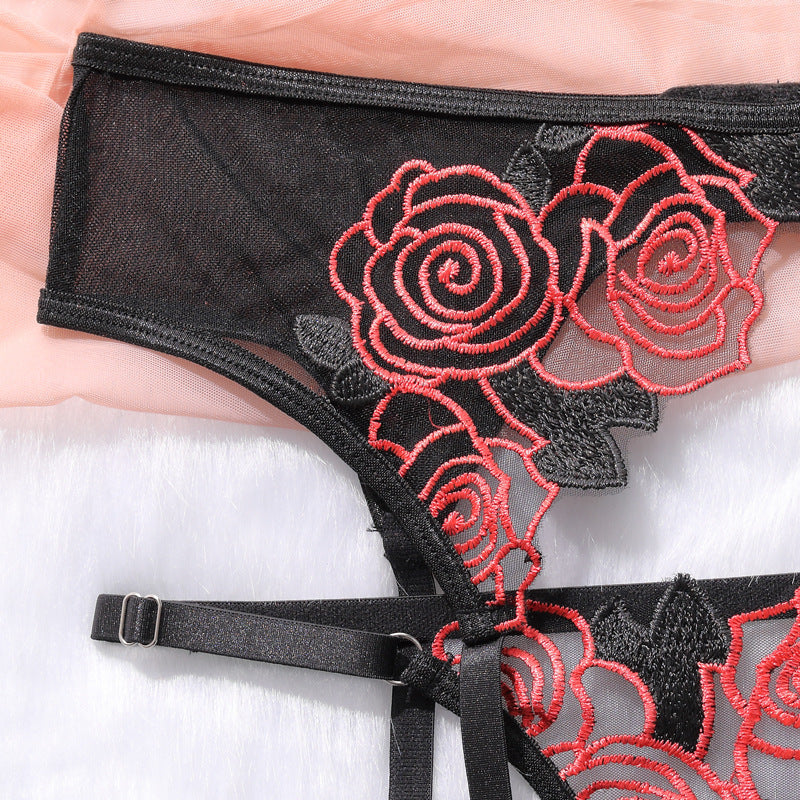Rose Embroidery Mesh See-through Garter Three-piece Set