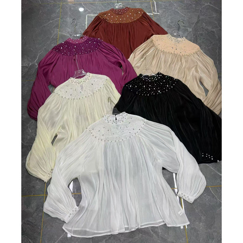 Womens Loose, Casual Rhinestone-embellished Lantern-sleeve Tassel Mesh Top