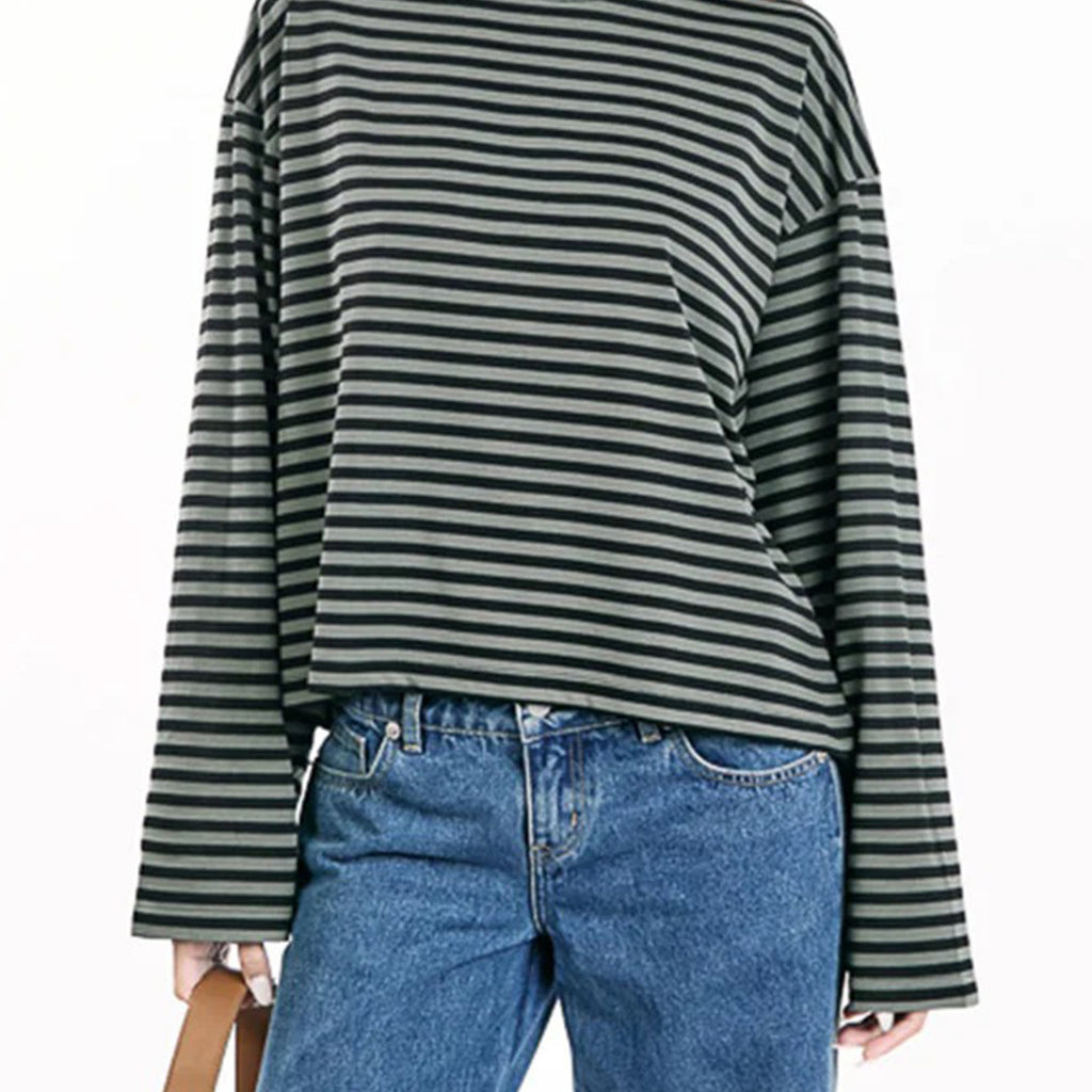 Round-neck Cotton Long-sleeve Striped T-shirt