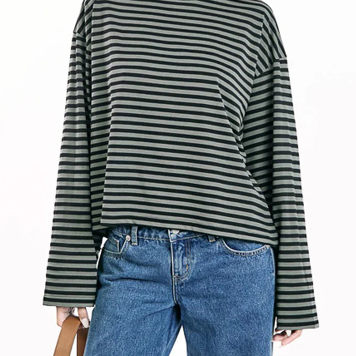 Round-neck Cotton Long-sleeve Striped T-shirt