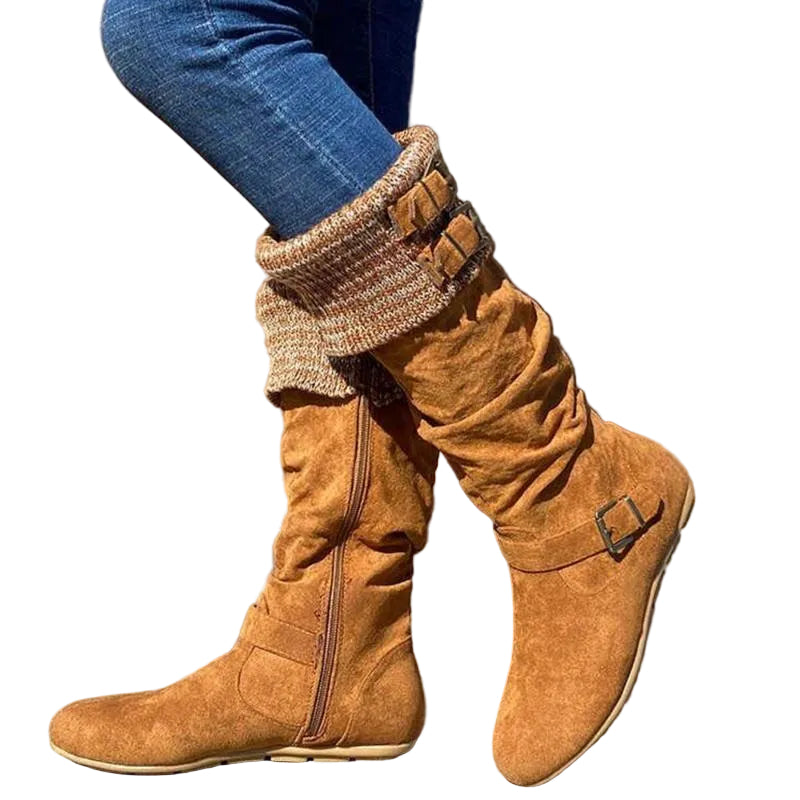 High sleeve wool leather button flat heel Knight boots