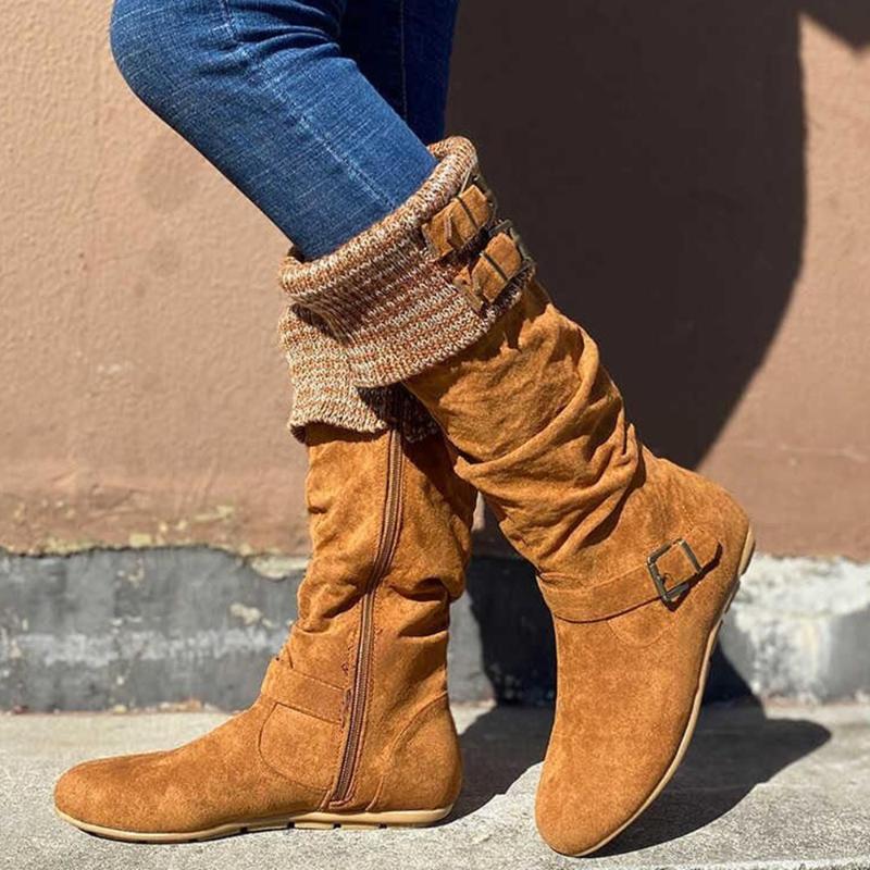 High sleeve wool leather button flat heel Knight boots