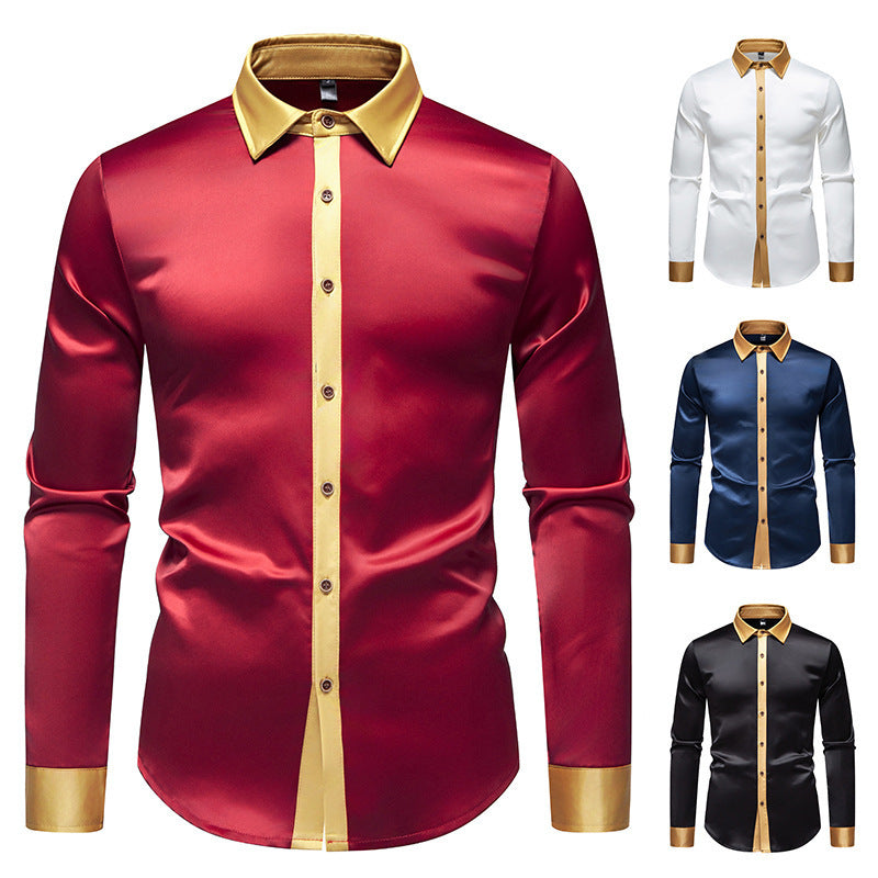 Mens Fashionable Satin-Soft Colorblock Long-Sleeve Shirt