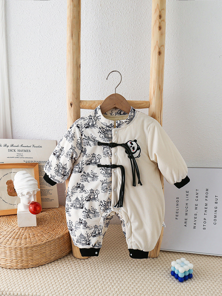 Baby Autumn And Winter Onesie Newborn Chinese Wind Panda Go Out Clothes Plus Velvet Thickened Romper
