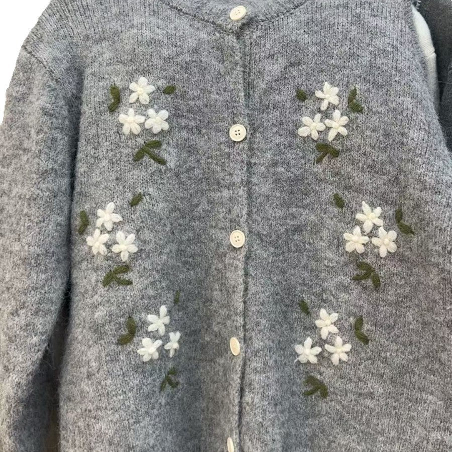 Round Neck Embroidered Knitted Cardigan Sweater Coat