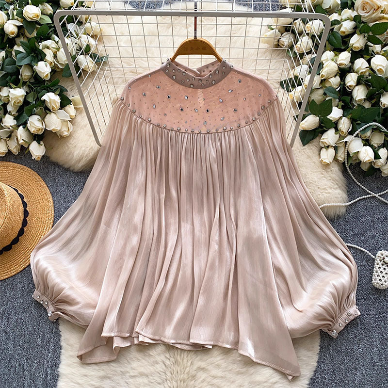 Womens Loose, Casual Rhinestone-embellished Lantern-sleeve Tassel Mesh Top