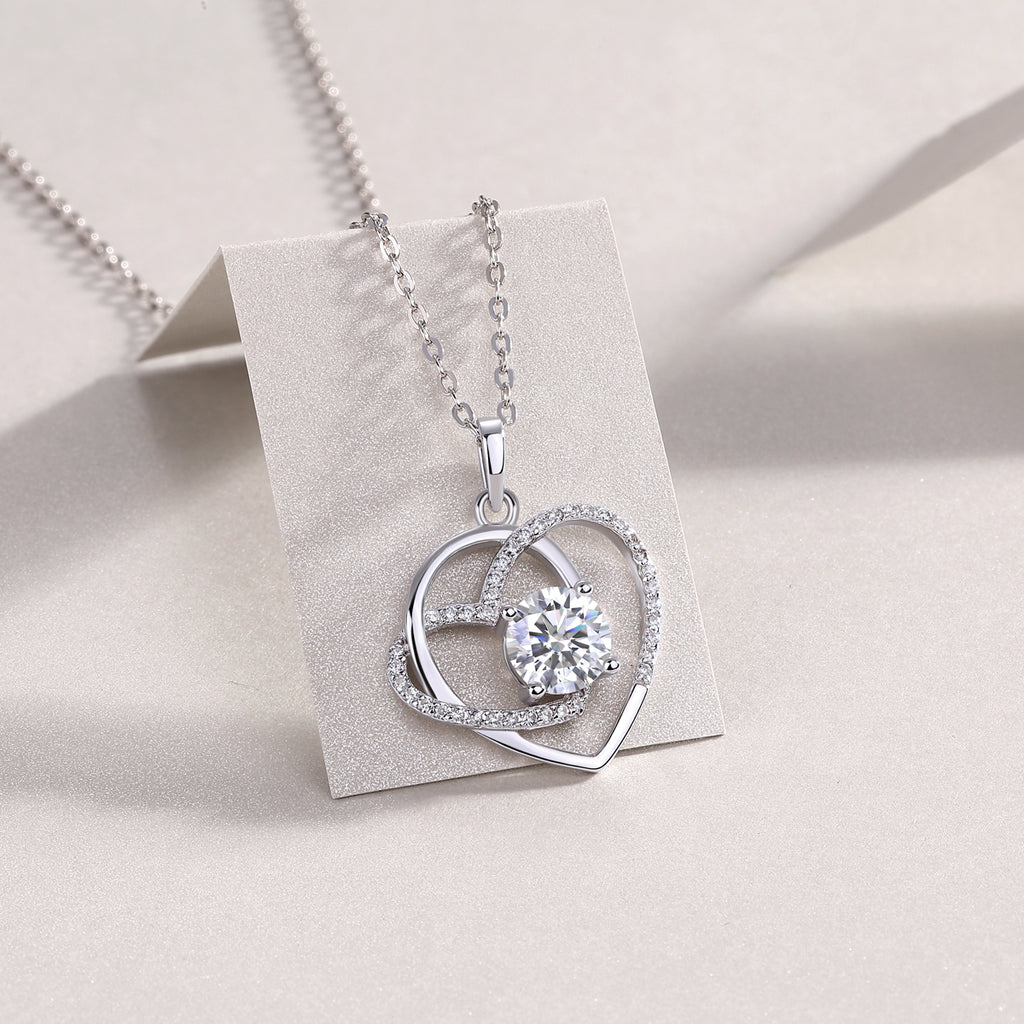 Heart To Heart Interlocking Luxury Fashion Diamond Pendant Necklace Set With Mosan Diamond Silver Ornaments