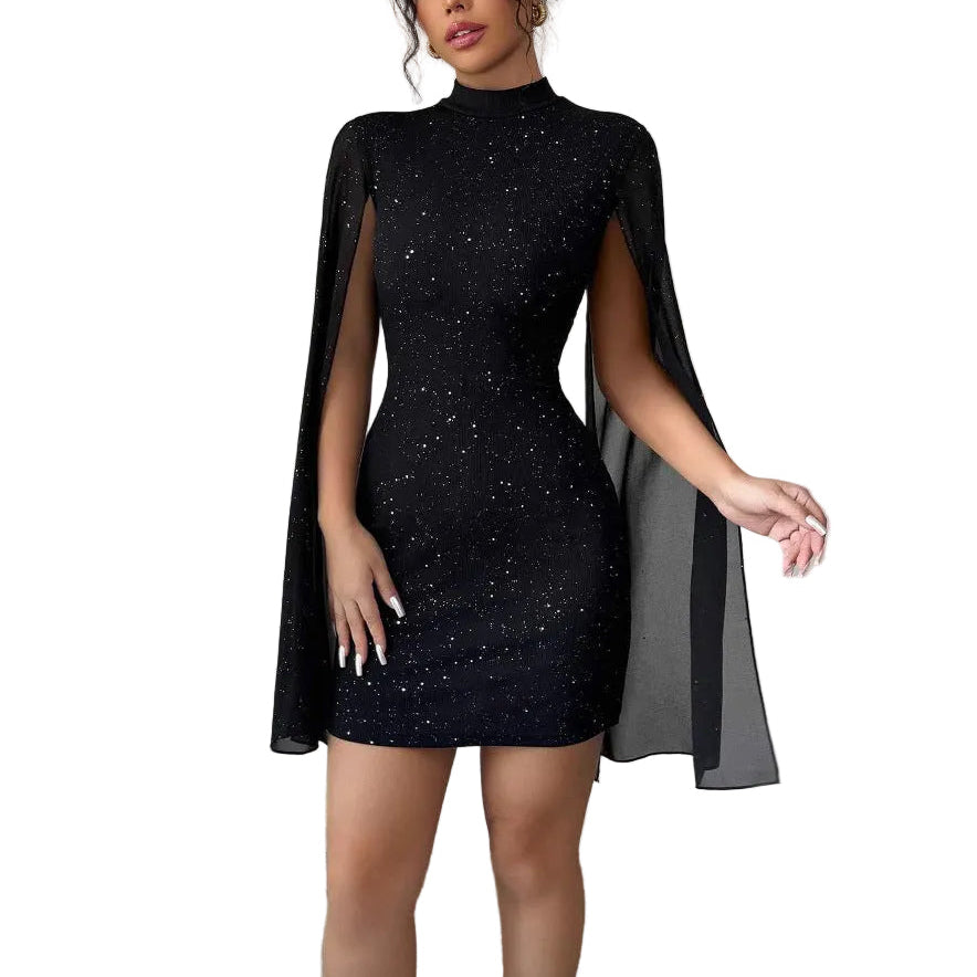 Round neck-pit stripe pearl chiffon cape sleeve wrapped hip party dress