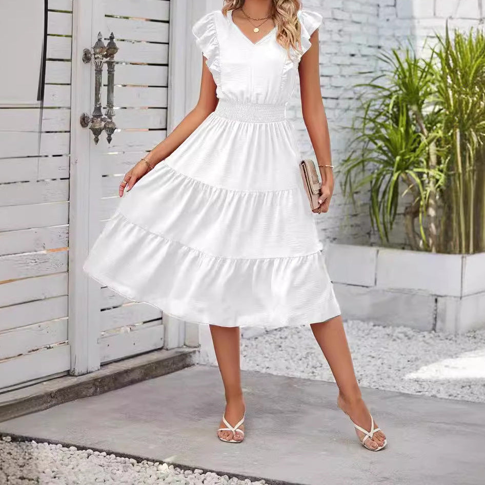 Sleeveless V-Neck Dress Summer Fashion Elastic Waist A-Line Dress