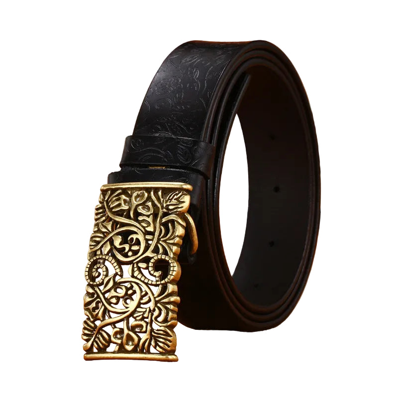 Leather Engraved With Hollow Buckle Printed Cowhide Belt