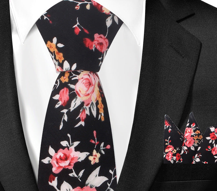 Casual Cotton Floral Print 6cm Casual Tie Pocket Square Suit