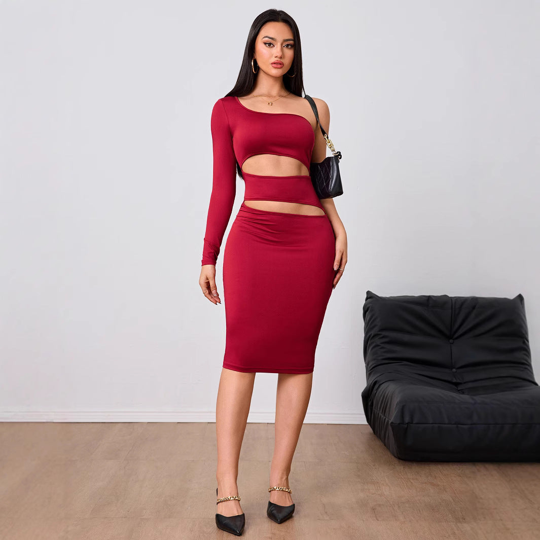 Women's Wine Red Socialite Style Dress New Autumnwinter Single-sleeve Midi Dress