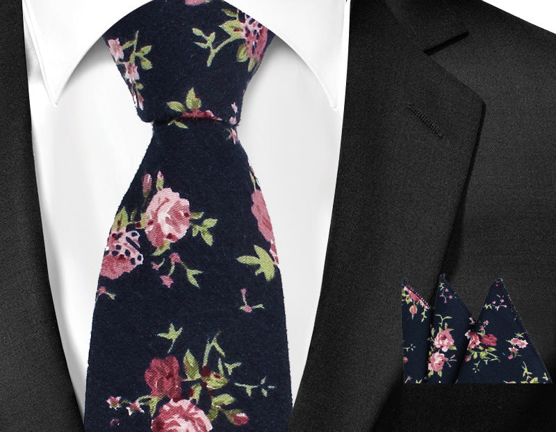 Casual Cotton Floral Print 6cm Casual Tie Pocket Square Suit