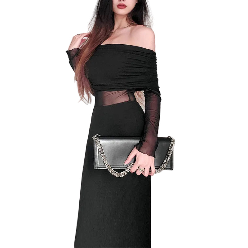 Women's  Off-the-shoulder Pleated Long Sleeve Polyester Dress