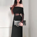 Women's  Off-the-shoulder Pleated Long Sleeve Polyester Dress