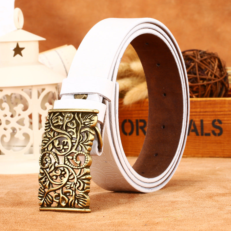 Leather Engraved With Hollow Buckle Printed Cowhide Belt